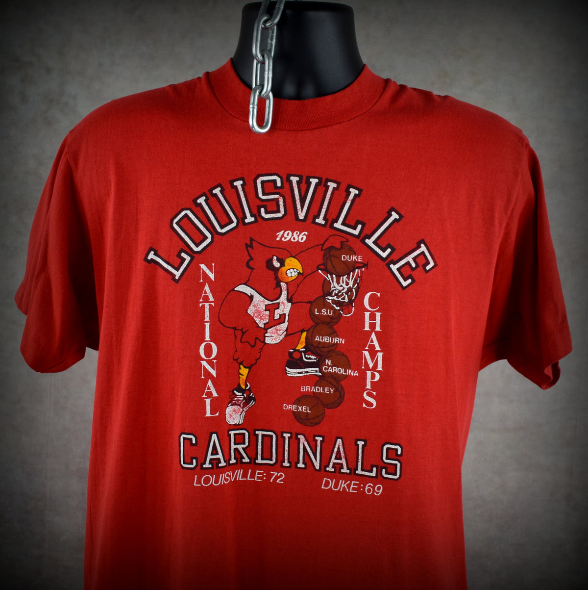 1986 louisville cardinals national champs vintage pervis ellison era 80s university of louisville basketball promo t-shirt