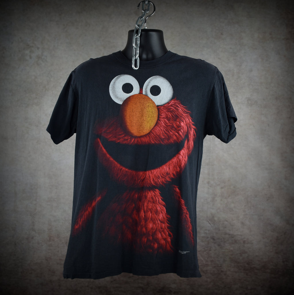 1990s elmo vintage 90s black velvet style iconic sesame street muppet character promo t-shirt