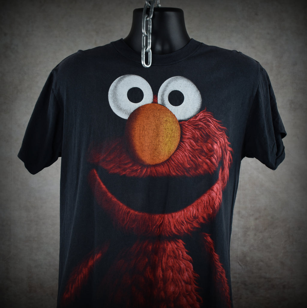 1990s elmo vintage 90s black velvet style iconic sesame street muppet character promo t-shirt