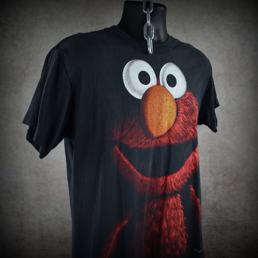 1990s elmo vintage 90s black velvet style iconic sesame street muppet character promo t-shirt