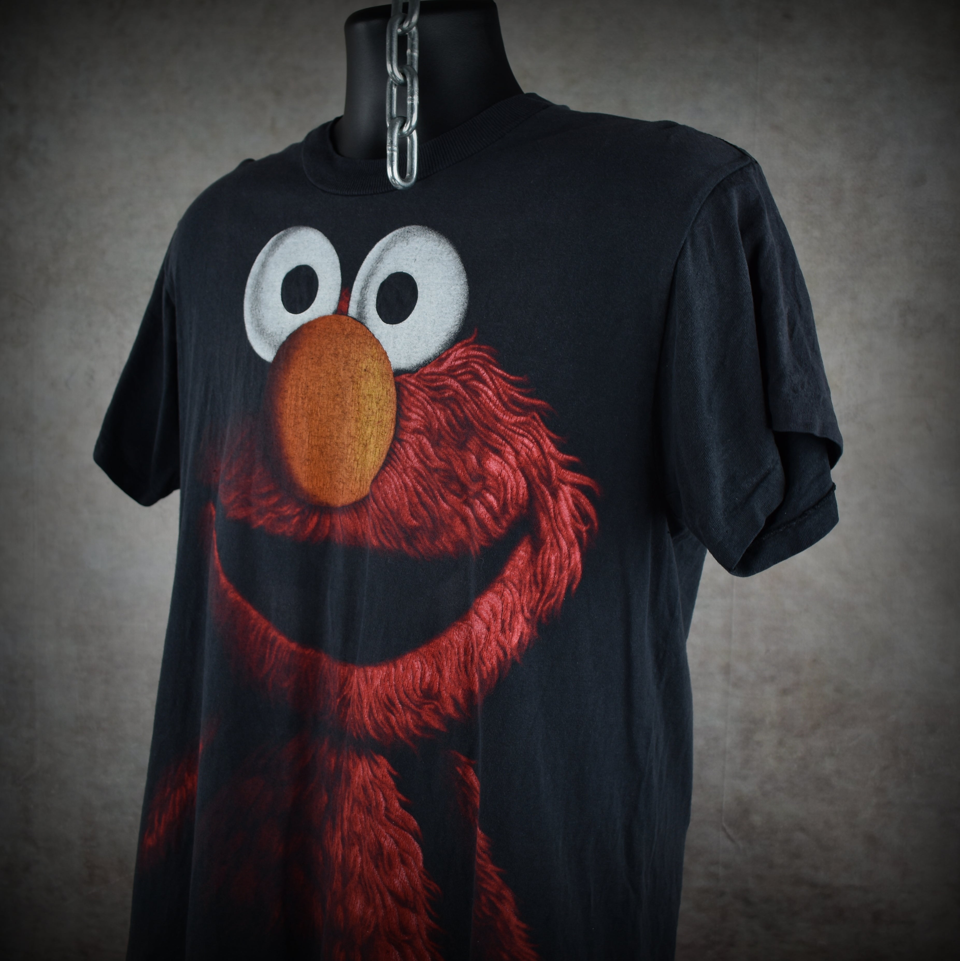1990s elmo vintage 90s black velvet style iconic sesame street muppet character promo t-shirt
