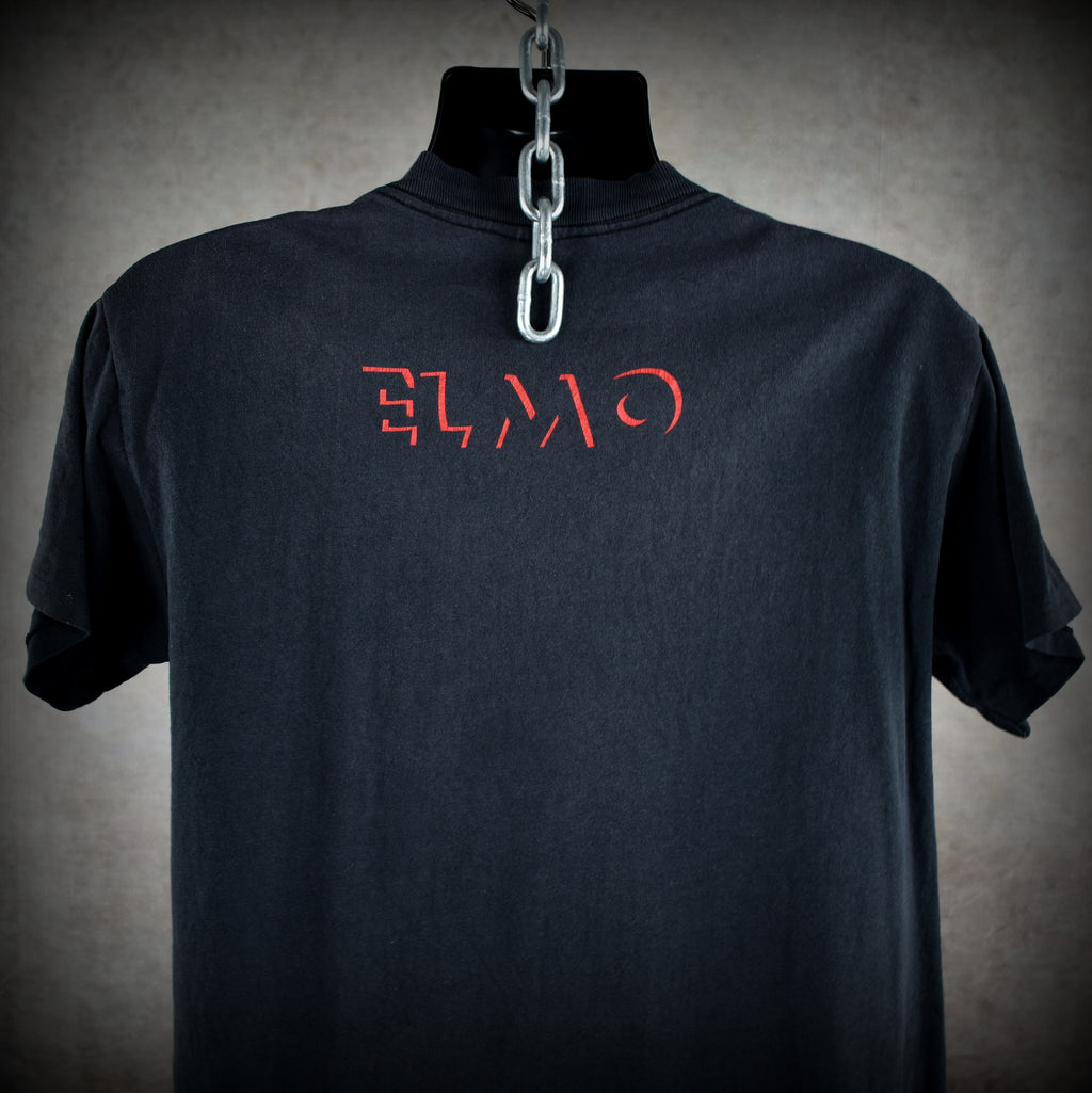 1990s elmo vintage 90s black velvet style iconic sesame street muppet character promo t-shirt
