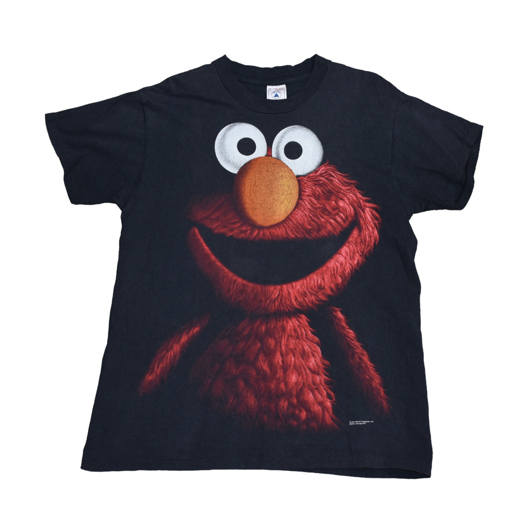 1990s elmo vintage 90s black velvet style iconic sesame street muppet character promo t-shirt