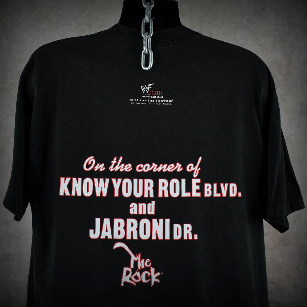 1999 the rock vintage smack down hotel on jabroni dr. 90s / 00s wwf superstar promo t-shirt