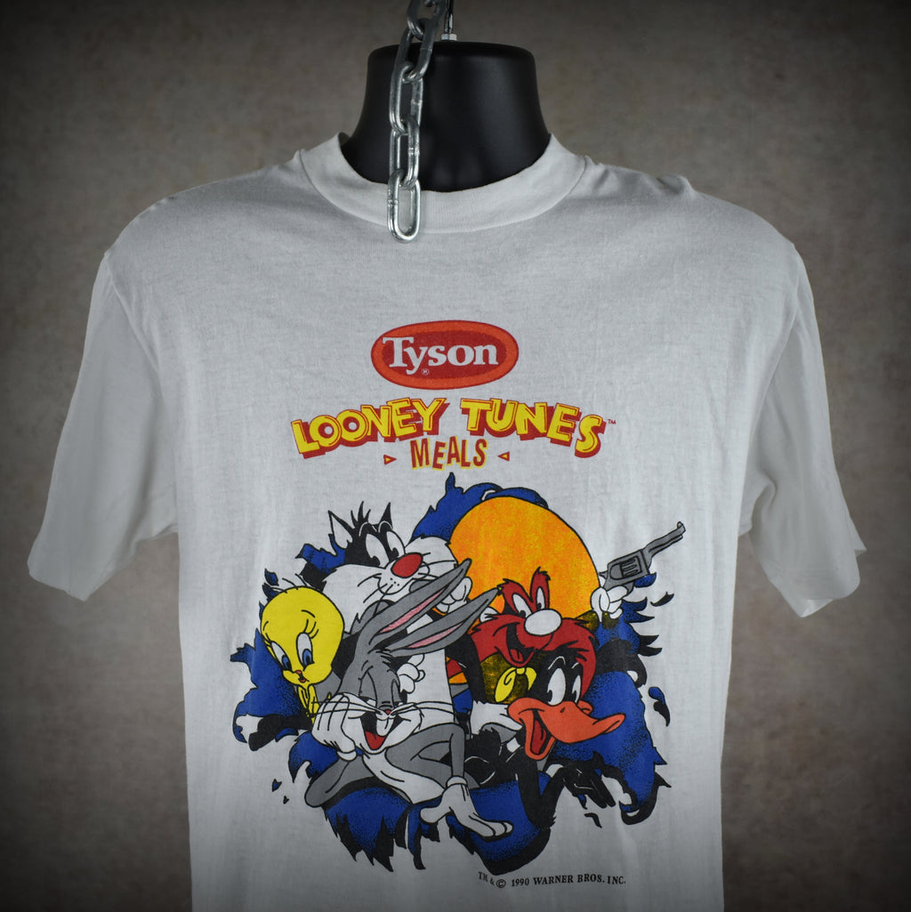 1990 tyson looney tunes meals vintage 90s frozen tv dinner + cartoon character collab promo t-shirt