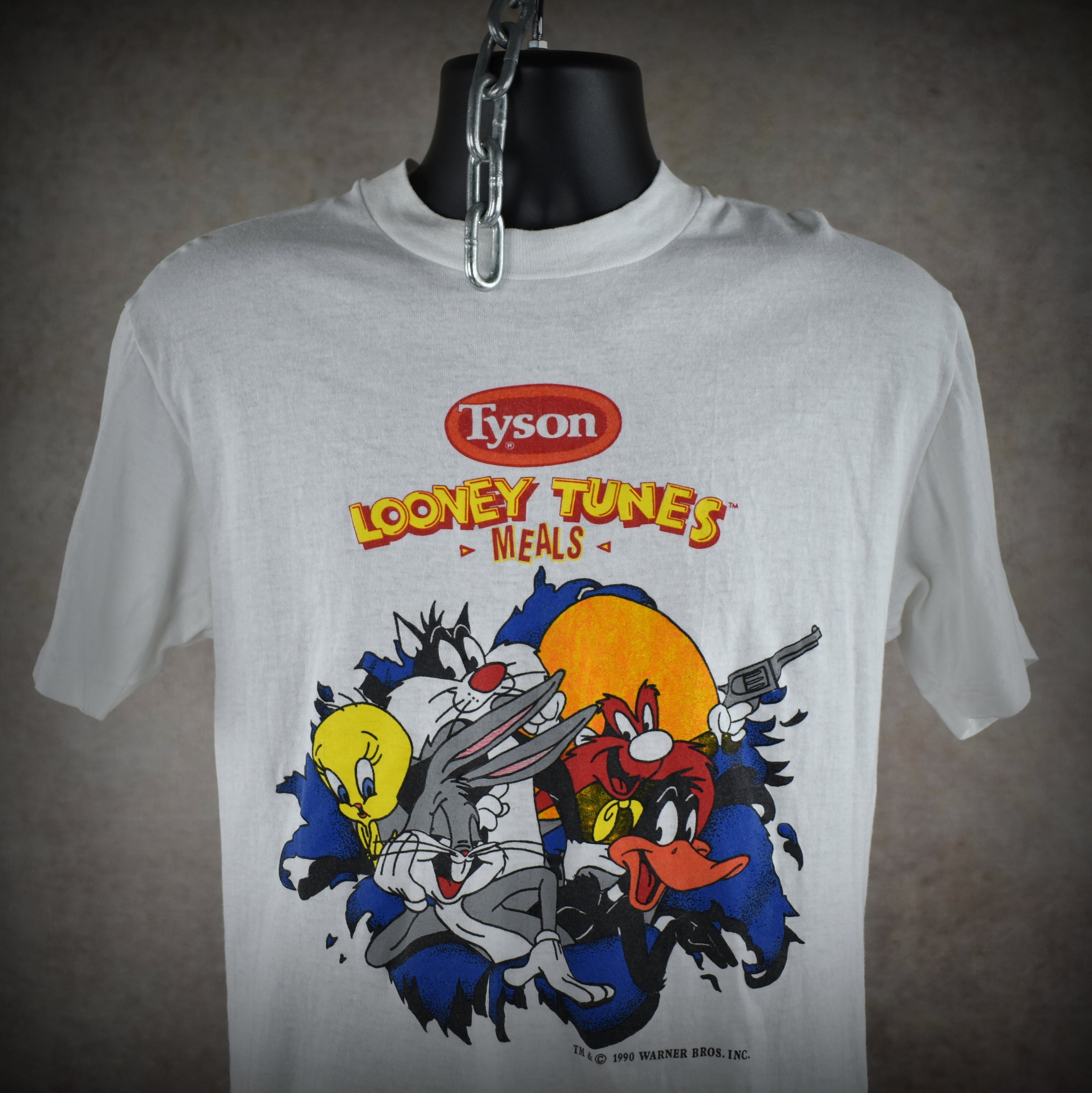 1990 tyson looney tunes meals vintage 90s frozen tv dinner + cartoon character collab promo t-shirt