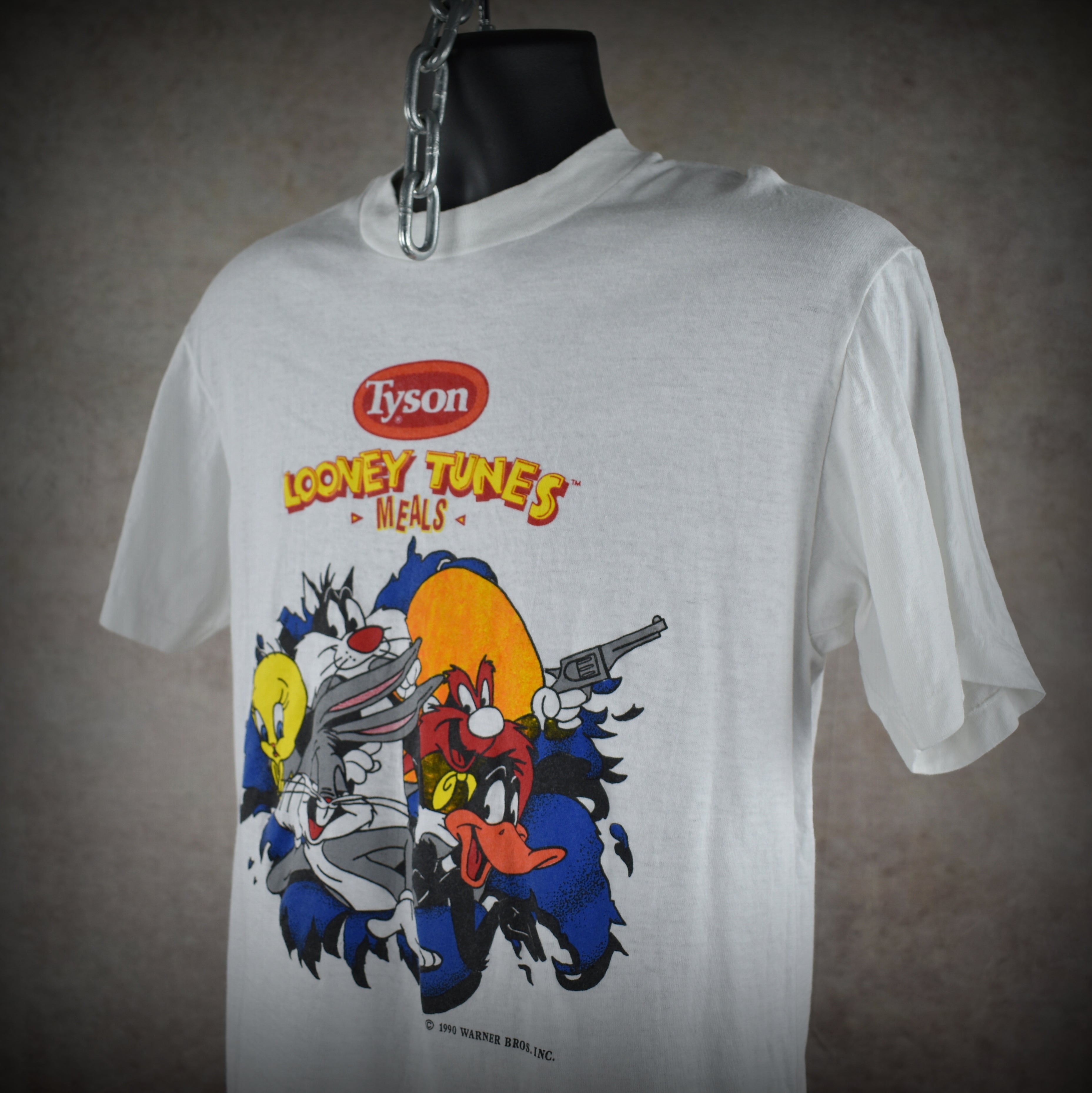 1990 tyson looney tunes meals vintage 90s frozen tv dinner + cartoon character collab promo t-shirt