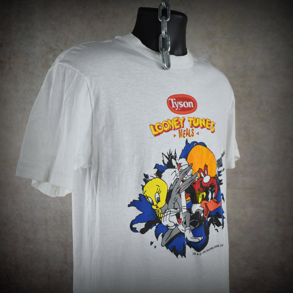 1990 tyson looney tunes meals vintage 90s frozen tv dinner + cartoon character collab promo t-shirt