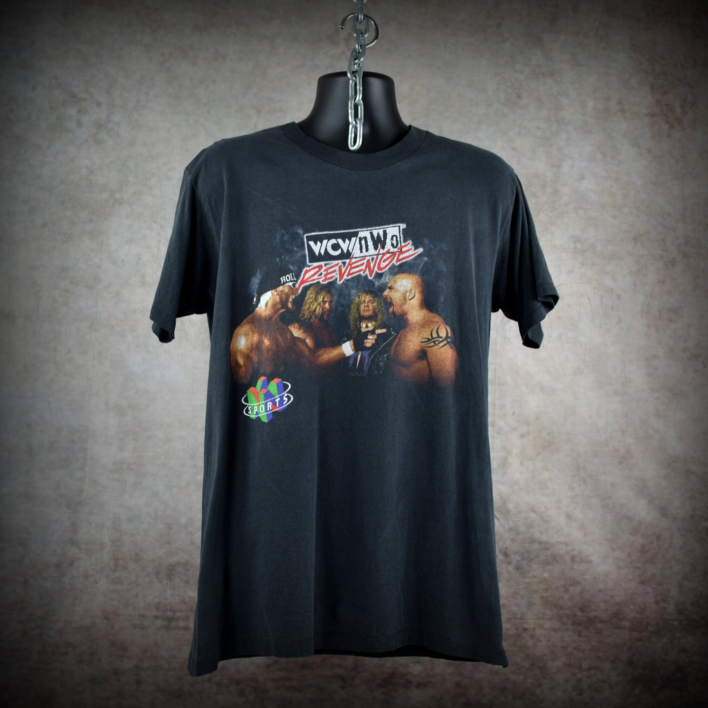 1998 wcw / nwo revenge vintage hollywood hogan + kevin nash + raven + goldberg n64 wrestling video game promo t-shirt