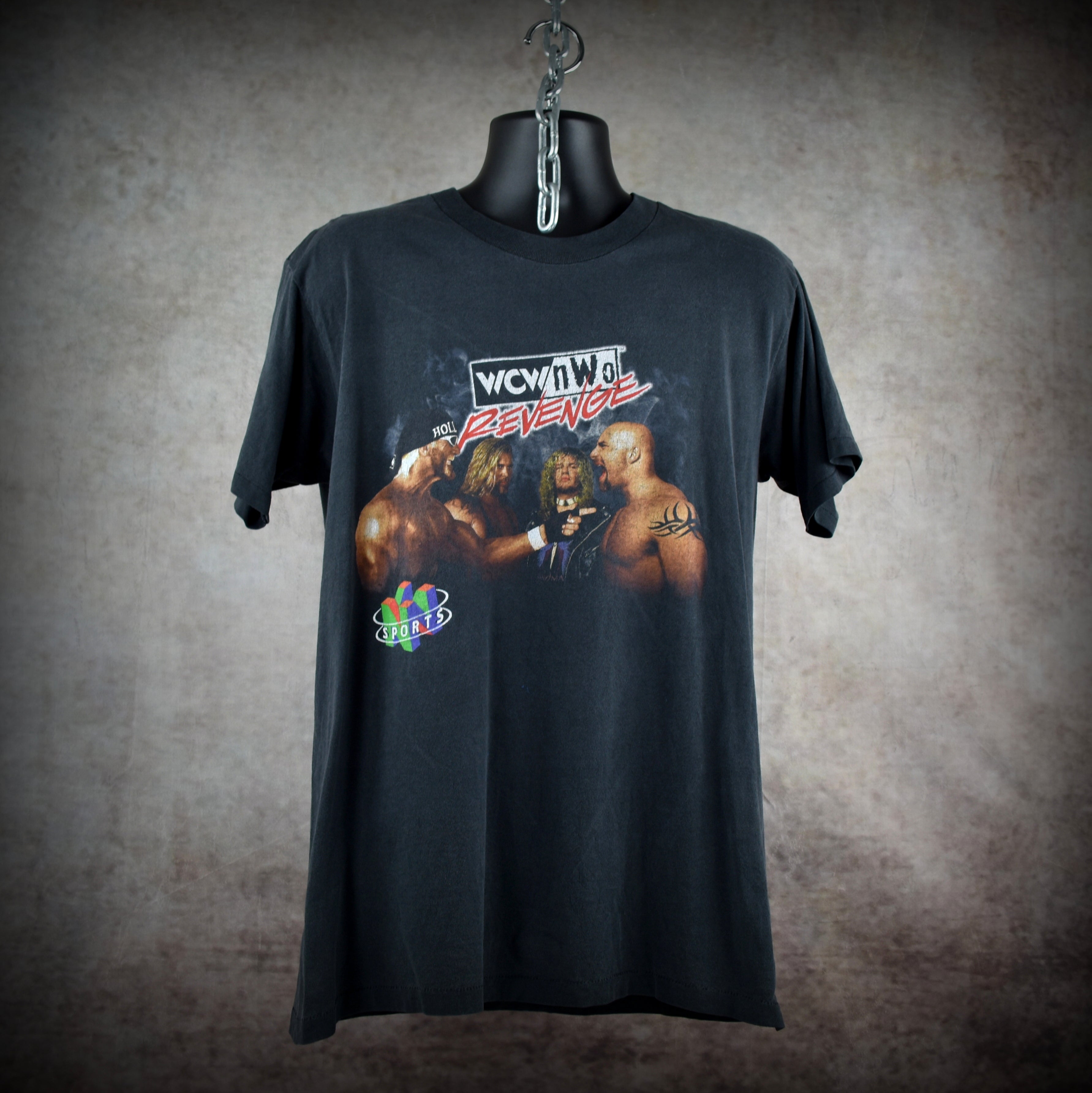1998 wcw / nwo revenge vintage hollywood hogan + kevin nash + raven + goldberg n64 wrestling video game promo t-shirt