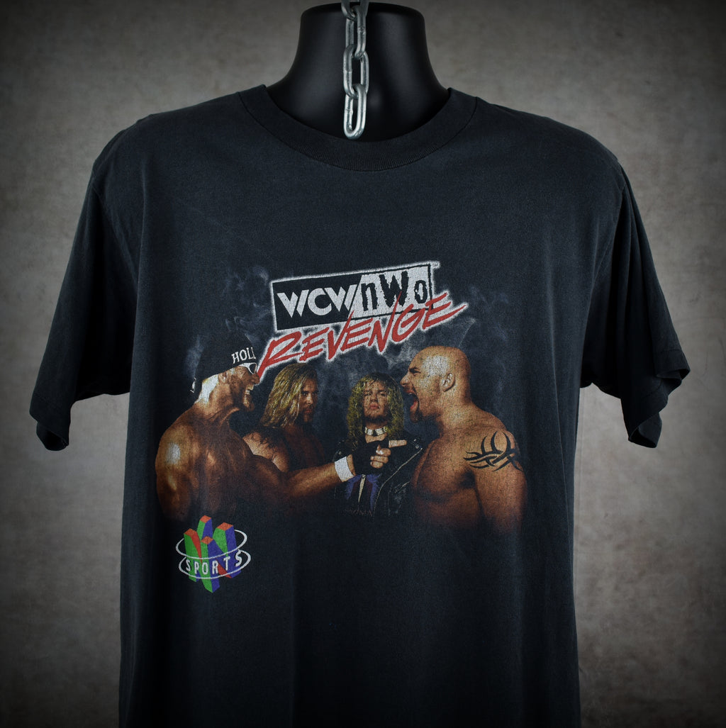 1998 wcw / nwo revenge vintage hollywood hogan + kevin nash + raven + goldberg n64 wrestling video game promo t-shirt