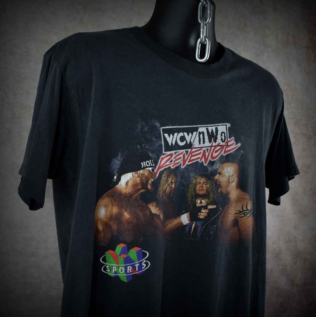 1998 wcw / nwo revenge vintage hollywood hogan + kevin nash + raven + goldberg n64 wrestling video game promo t-shirt