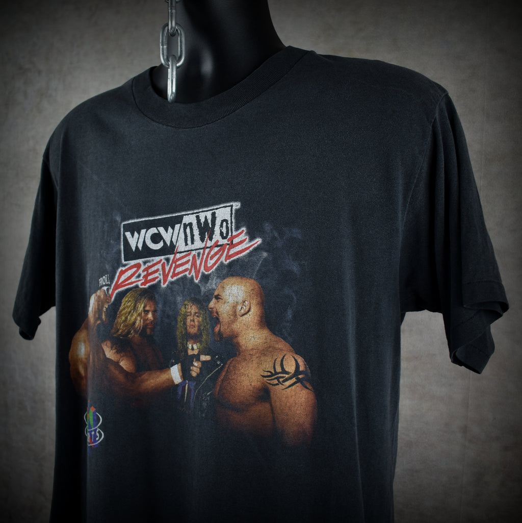 1998 wcw / nwo revenge vintage hollywood hogan + kevin nash + raven + goldberg n64 wrestling video game promo t-shirt
