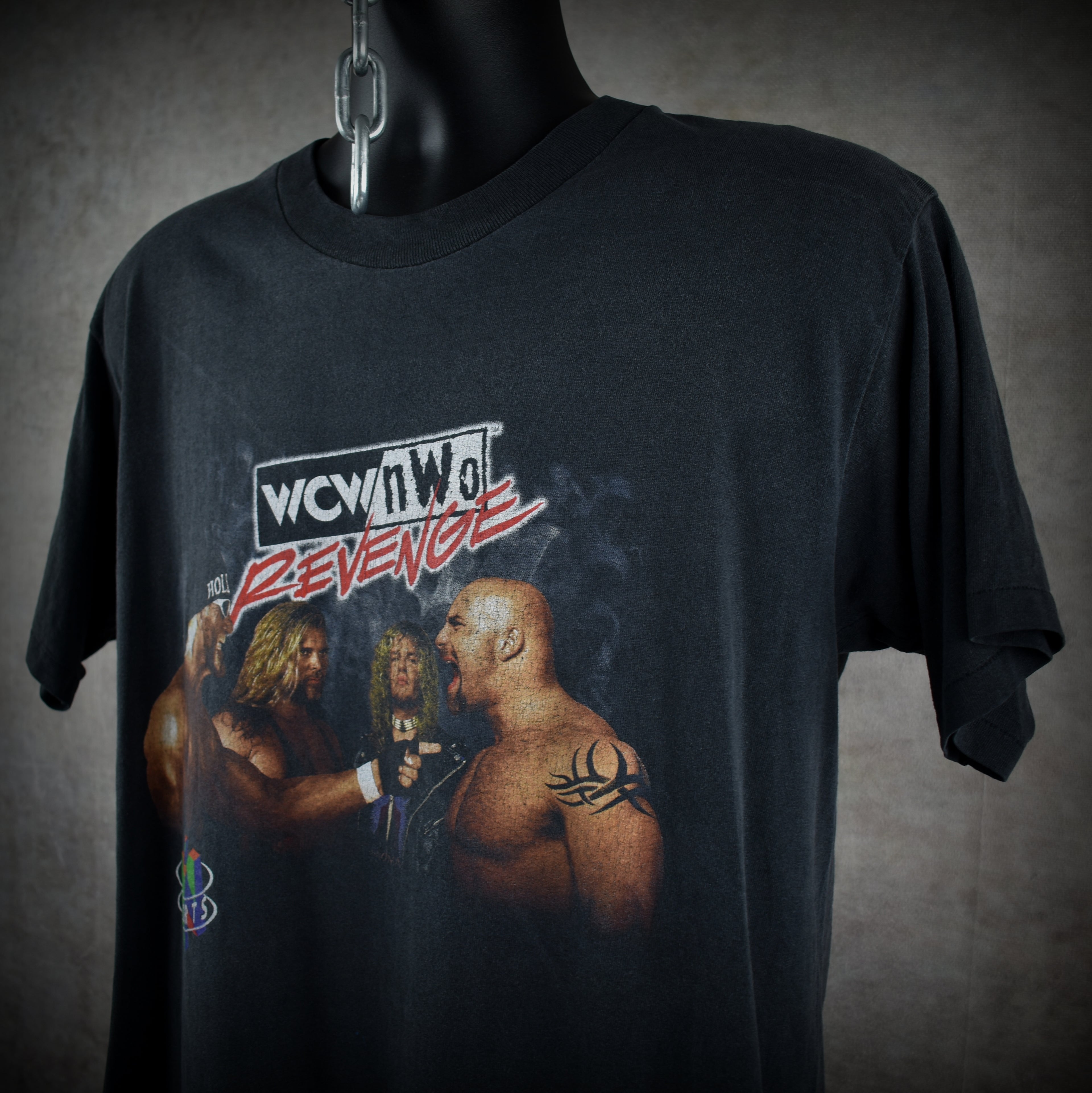 1998 wcw / nwo revenge vintage hollywood hogan + kevin nash + raven + goldberg n64 wrestling video game promo t-shirt
