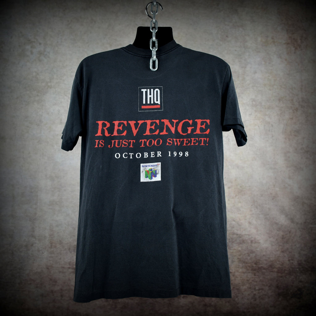 1998 wcw / nwo revenge vintage hollywood hogan + kevin nash + raven + goldberg n64 wrestling video game promo t-shirt