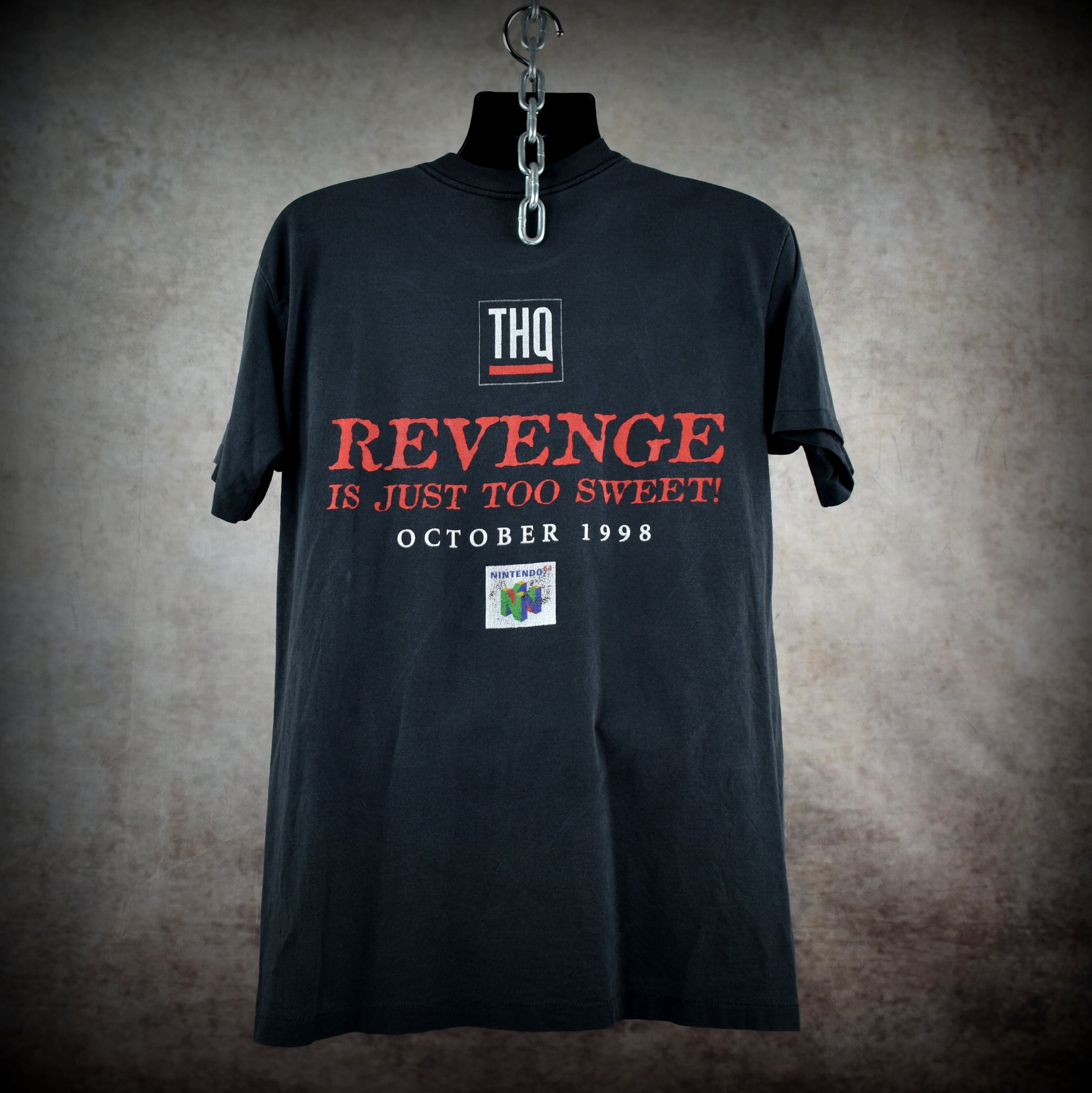 1998 wcw / nwo revenge vintage hollywood hogan + kevin nash + raven + goldberg n64 wrestling video game promo t-shirt