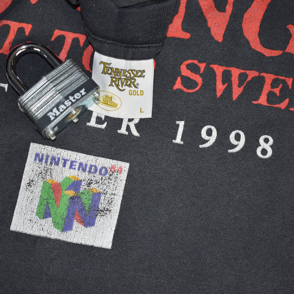 1998 wcw / nwo revenge vintage hollywood hogan + kevin nash + raven + goldberg n64 wrestling video game promo t-shirt