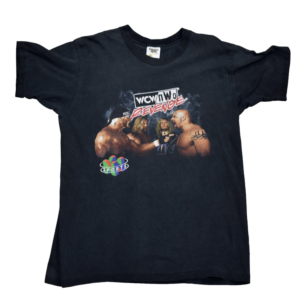 1998 wcw / nwo revenge vintage hollywood hogan + kevin nash + raven + goldberg n64 wrestling video game promo t-shirt
