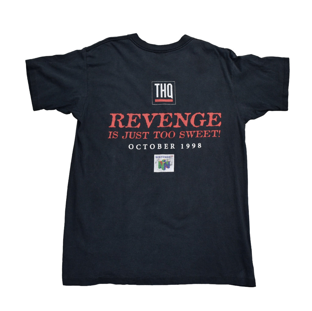 1998 wcw / nwo revenge vintage hollywood hogan + kevin nash + raven + goldberg n64 wrestling video game promo t-shirt
