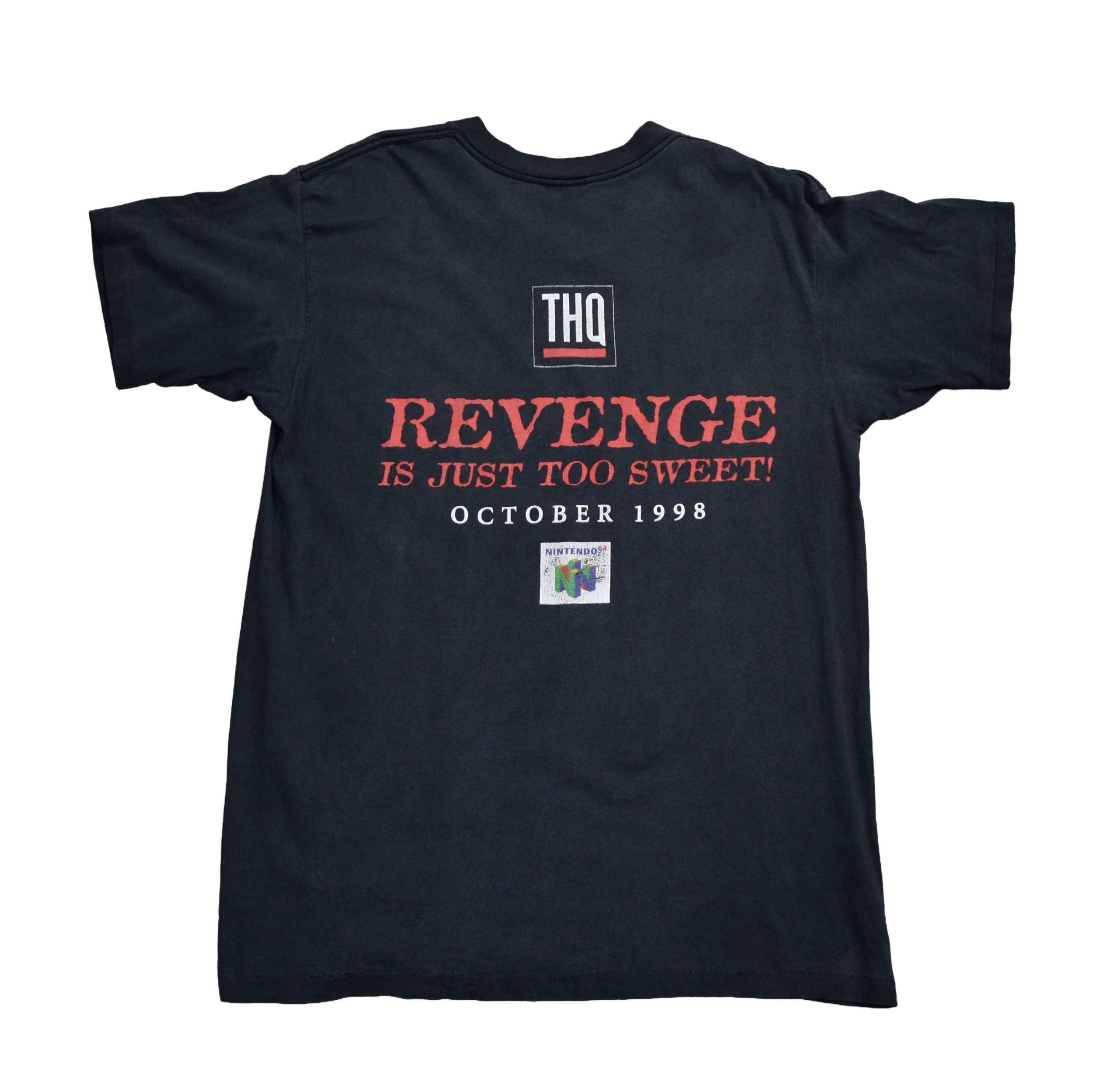 1998 wcw / nwo revenge vintage hollywood hogan + kevin nash + raven + goldberg n64 wrestling video game promo t-shirt