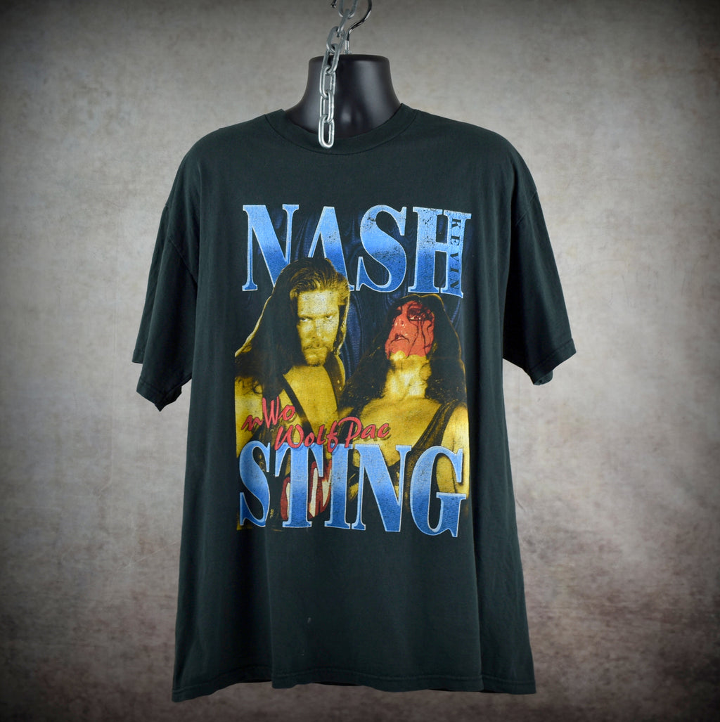 1990s nwo wolfpac vintage wcw kevin nash + sting + macho man + mr. perfect + lex luger bootleg promo t-shirt