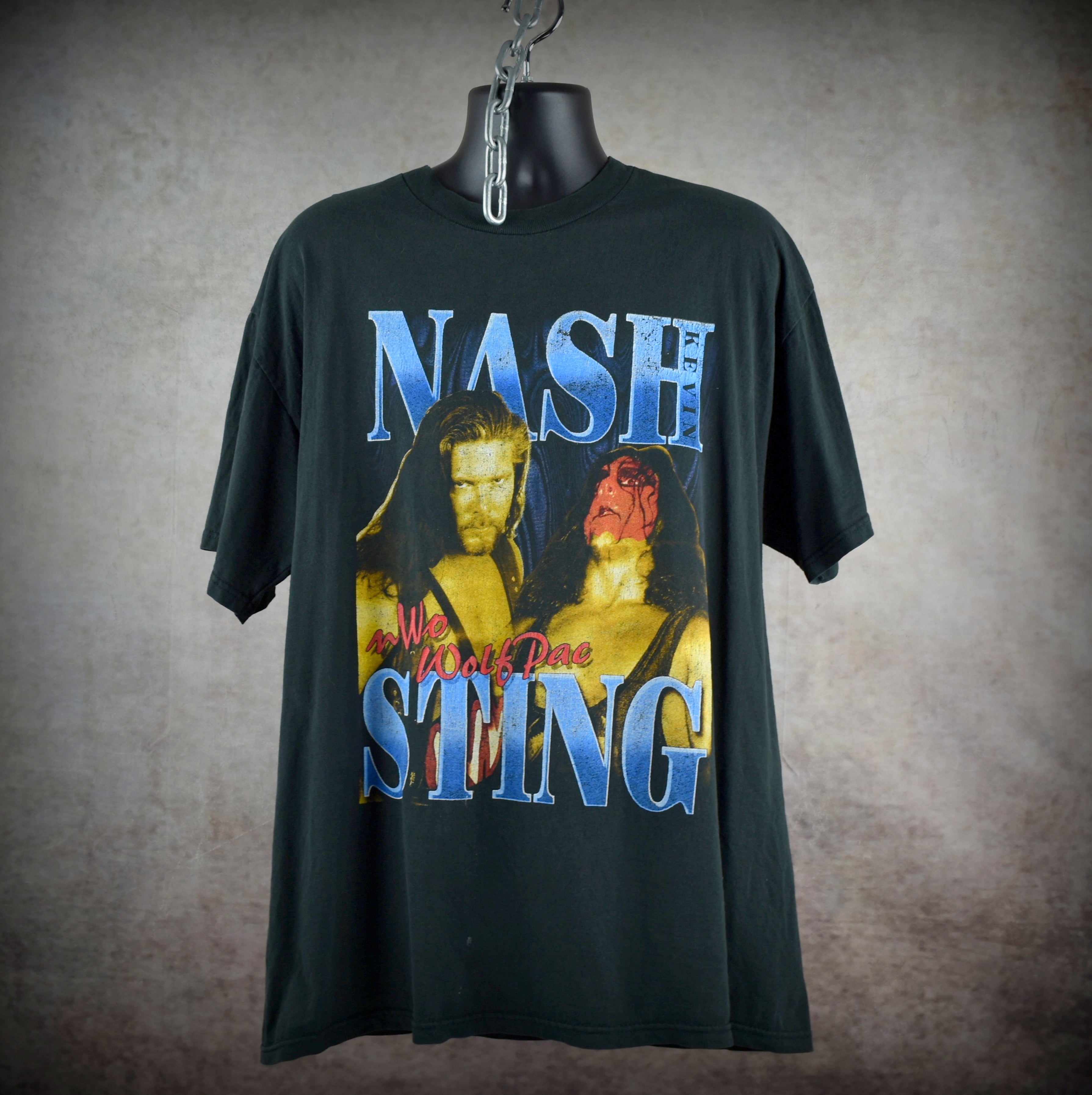 1990s nwo wolfpac vintage wcw kevin nash + sting + macho man + mr. perfect + lex luger bootleg promo t-shirt