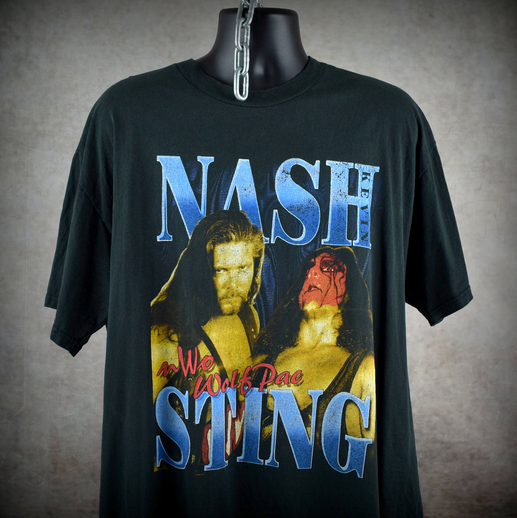 1990s nwo wolfpac vintage wcw kevin nash + sting + macho man + mr. perfect + lex luger bootleg promo t-shirt