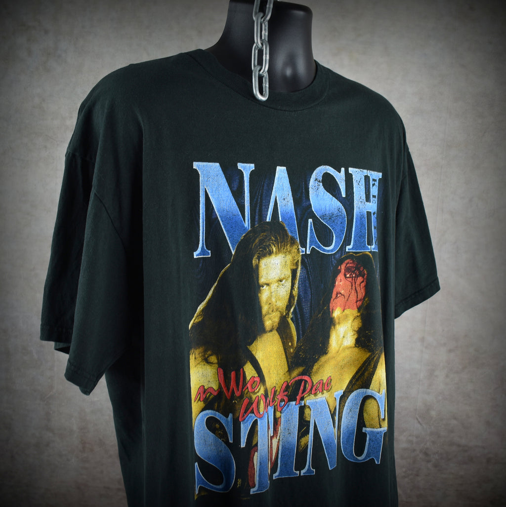 1990s nwo wolfpac vintage wcw kevin nash + sting + macho man + mr. perfect + lex luger bootleg promo t-shirt