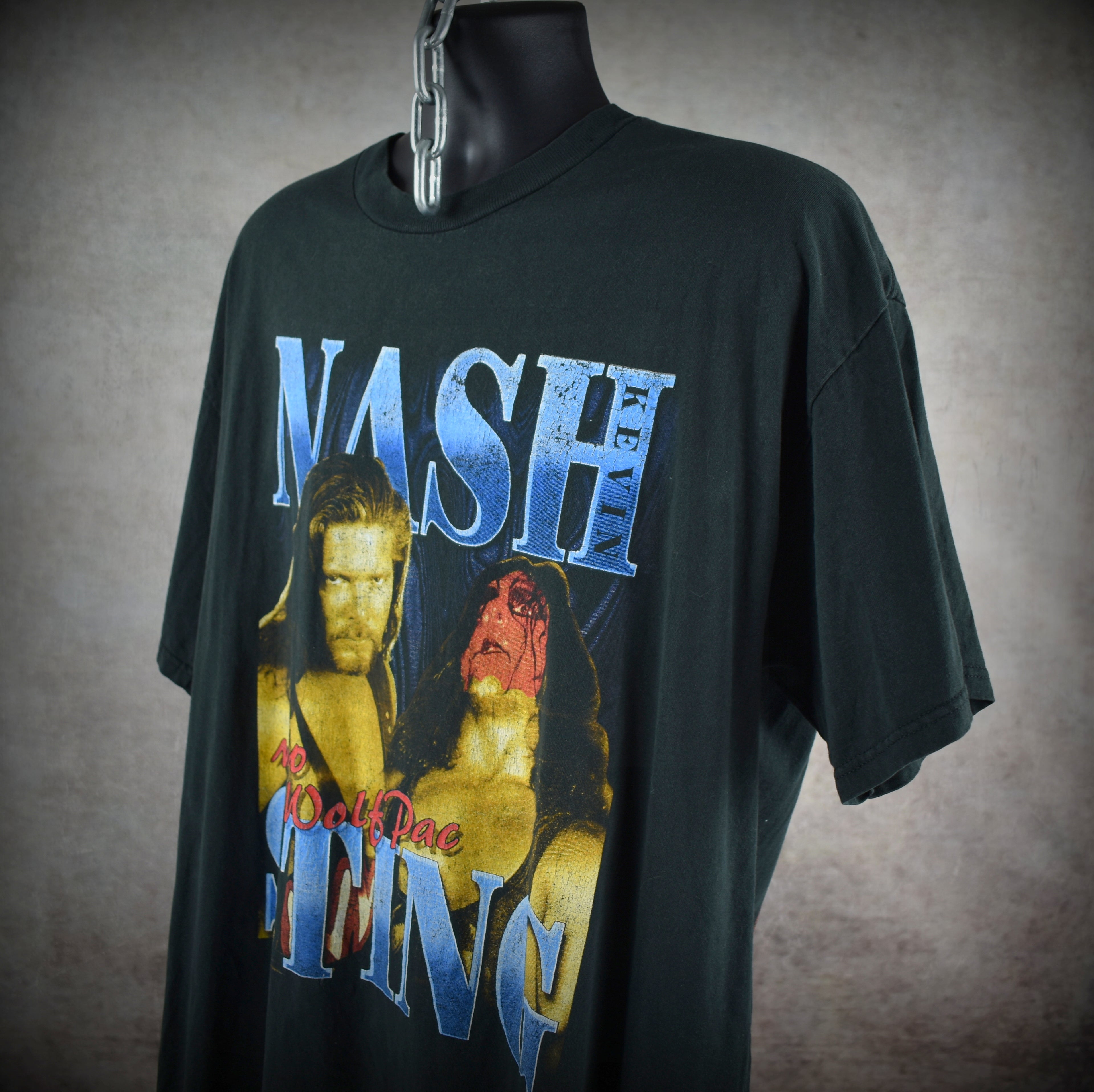1990s nwo wolfpac vintage wcw kevin nash + sting + macho man + mr. perfect + lex luger bootleg promo t-shirt