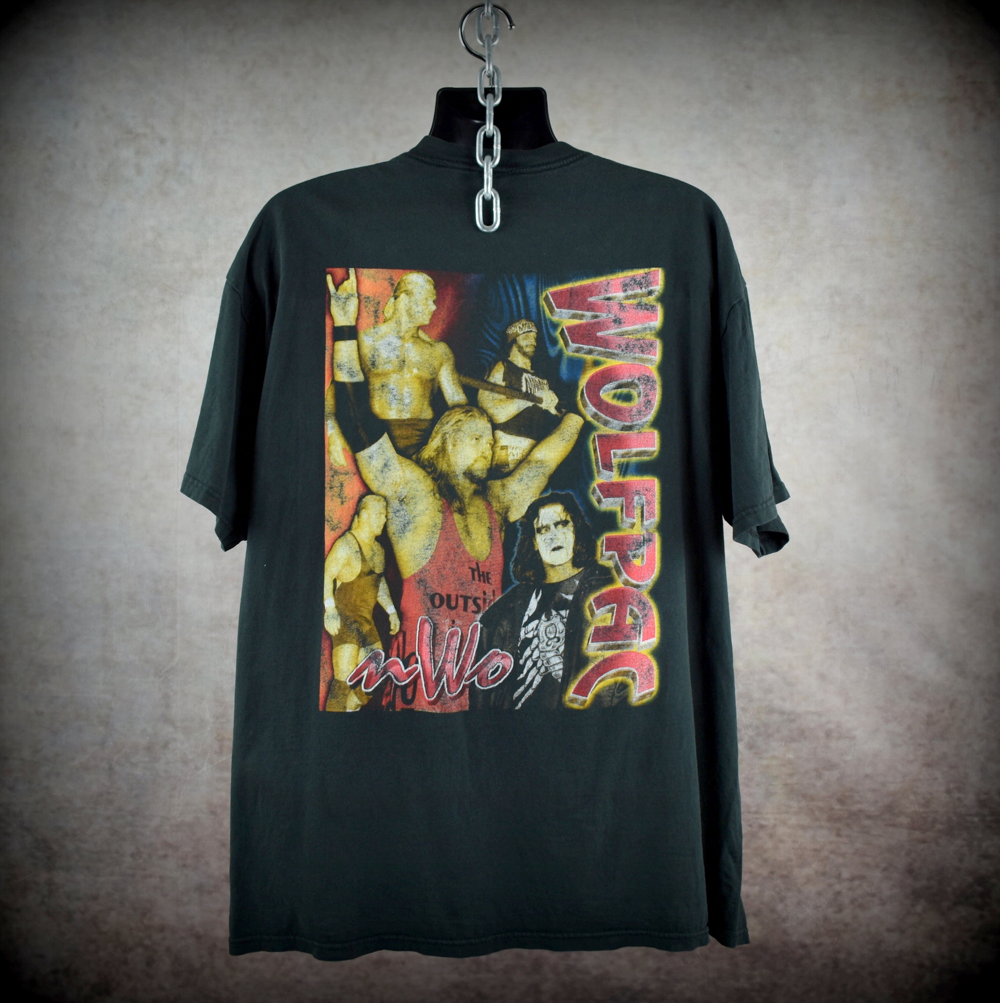 1990s nwo wolfpac vintage wcw kevin nash + sting + macho man + mr. perfect + lex luger bootleg promo t-shirt