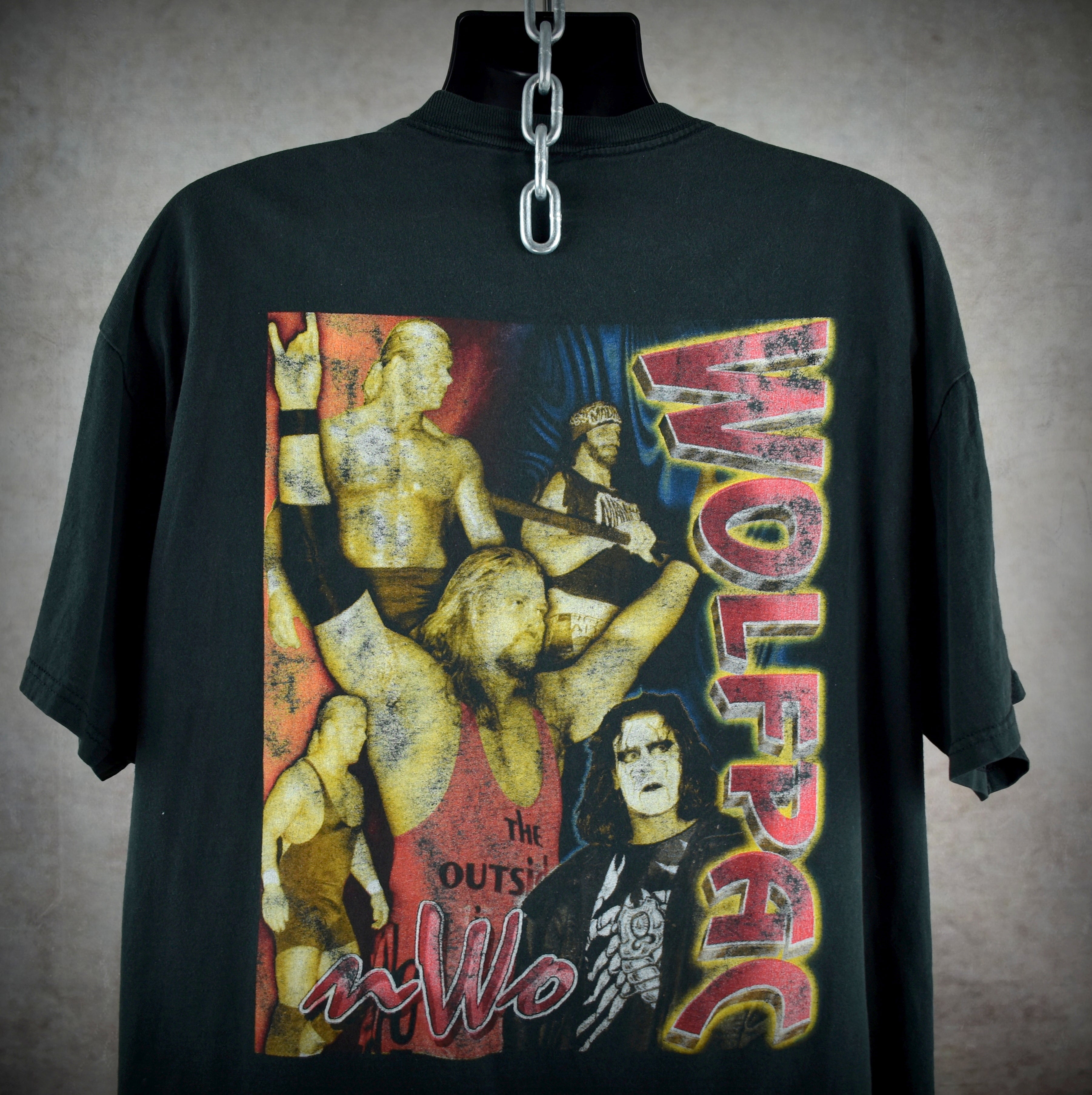 1990s nwo wolfpac vintage wcw kevin nash + sting + macho man + mr. perfect + lex luger bootleg promo t-shirt