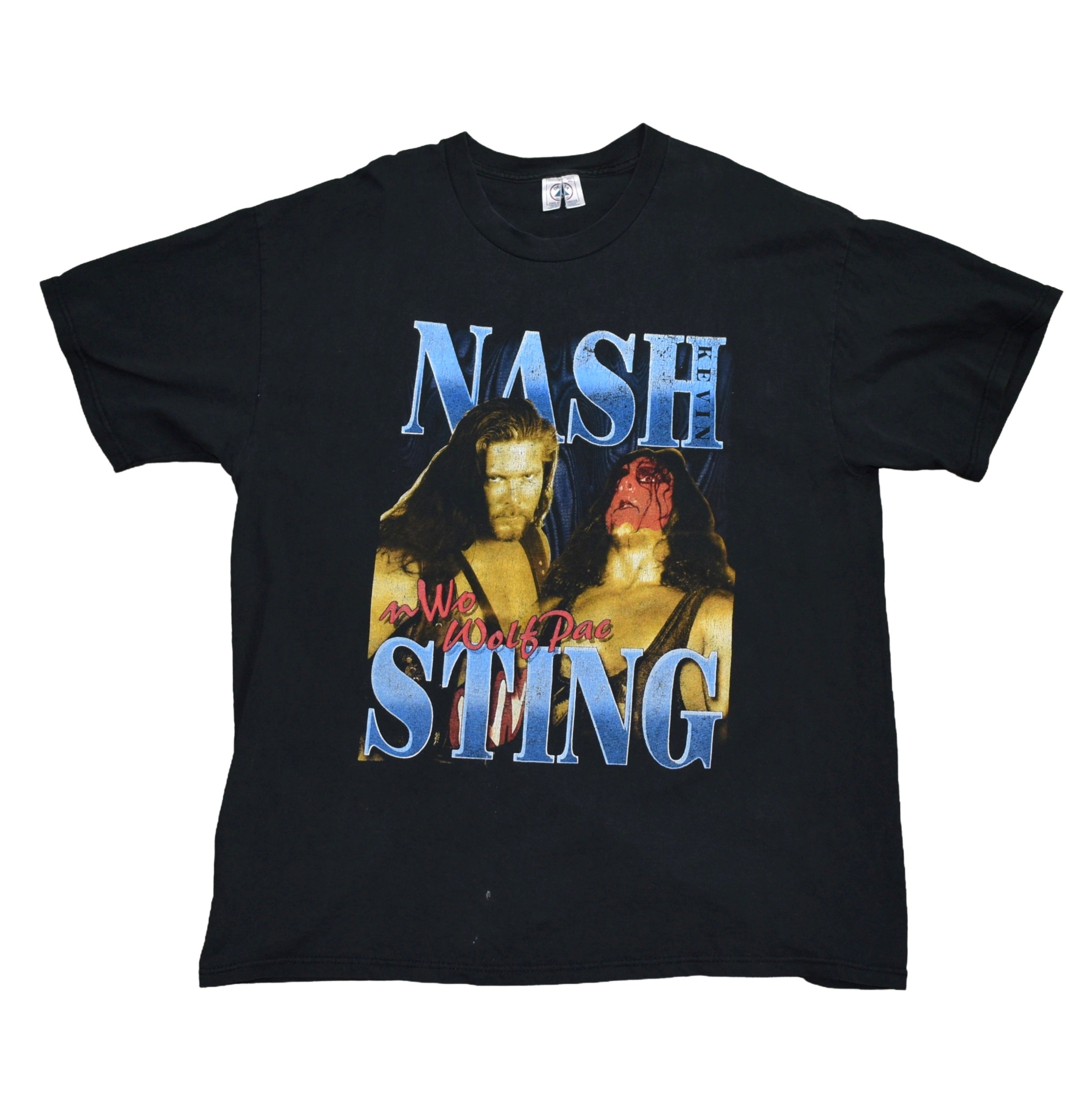 1990s nwo wolfpac vintage wcw kevin nash + sting + macho man + mr. perfect + lex luger bootleg promo t-shirt