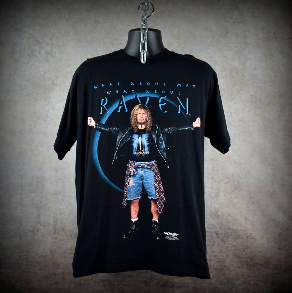 1998 raven vintage what about me? what about raven cult 90s wcw wrestler promo t-shirt