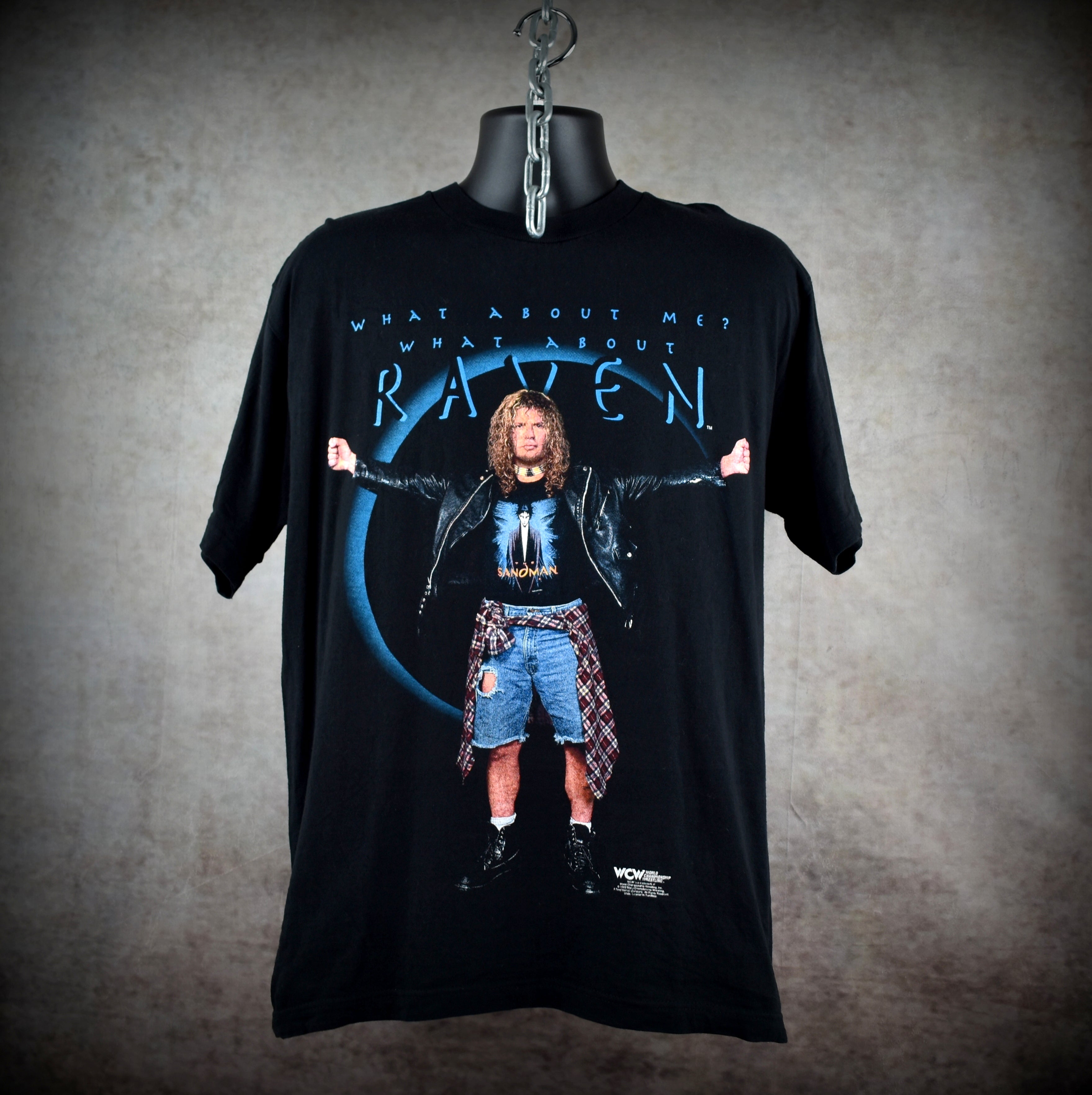 1998 raven vintage what about me? what about raven cult 90s wcw wrestler promo t-shirt