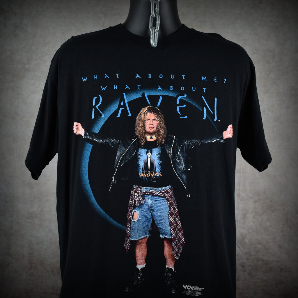 1998 raven vintage what about me? what about raven cult 90s wcw wrestler promo t-shirt