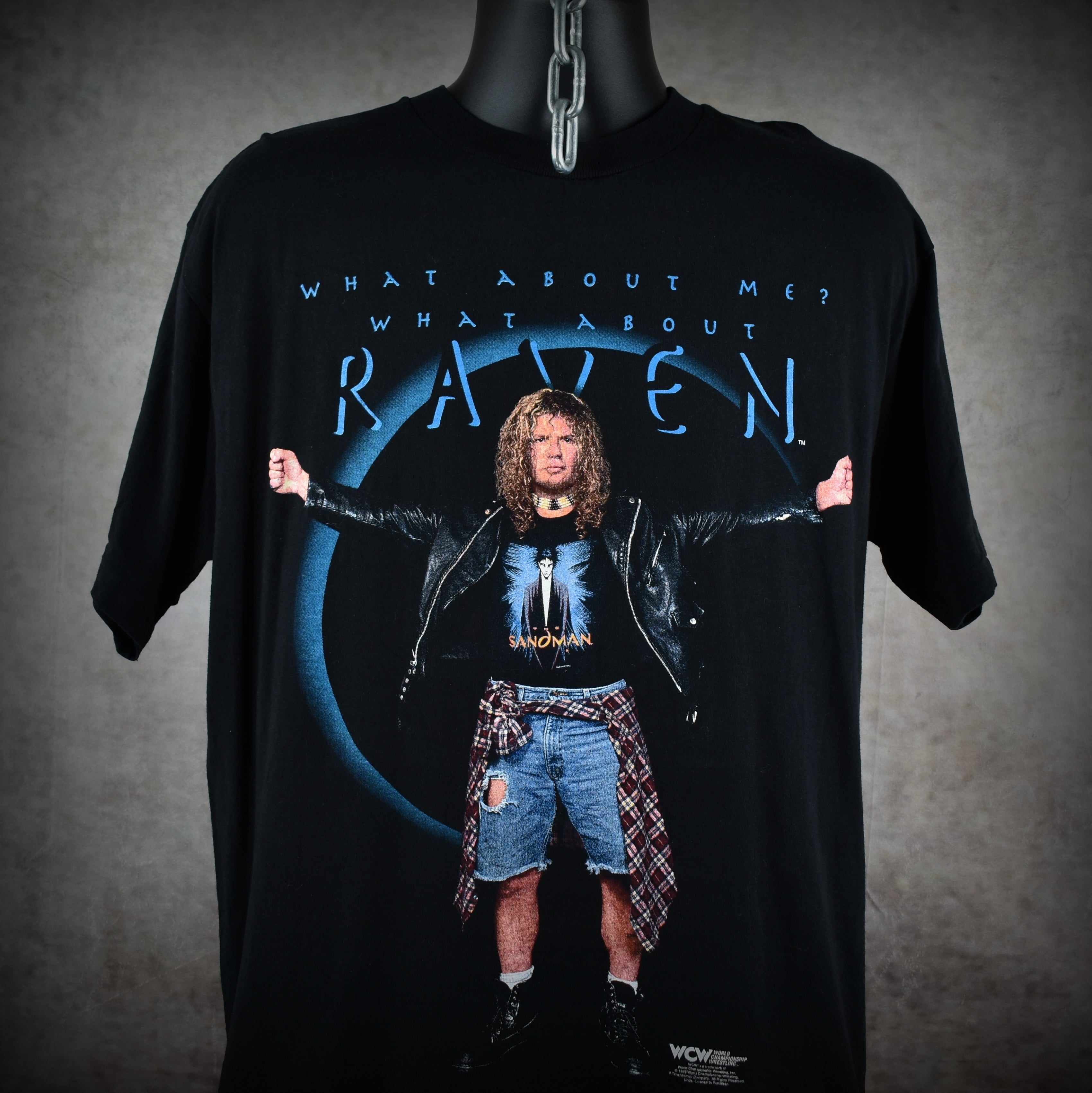 1998 raven vintage what about me? what about raven cult 90s wcw wrestler promo t-shirt
