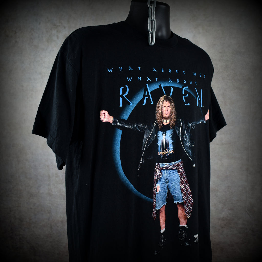 1998 raven vintage what about me? what about raven cult 90s wcw wrestler promo t-shirt
