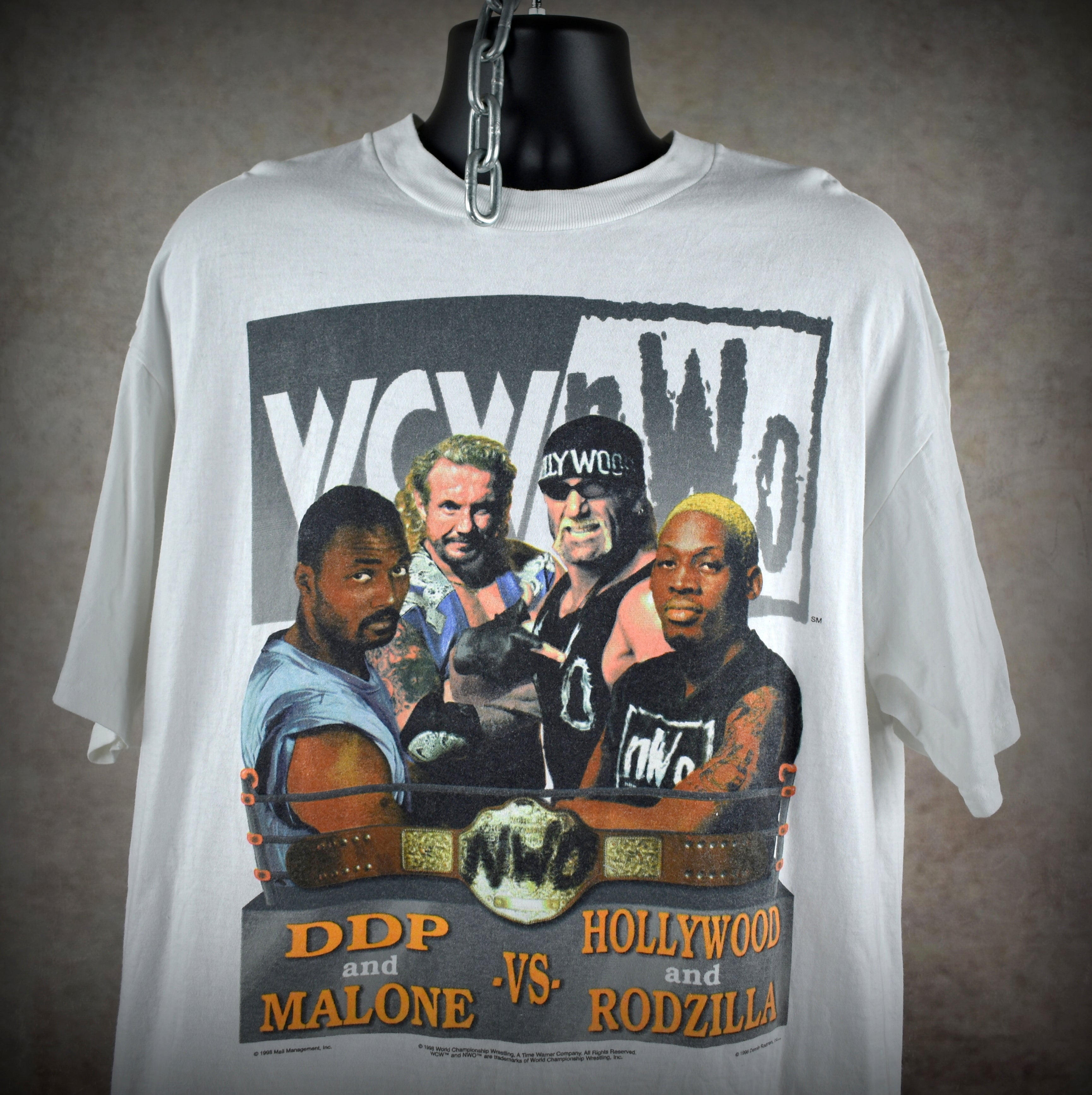 1998 wcw bash at the beach vintage rodzilla + hollywood hogan vs karl malone + ddp 90s wrestling pay-per-view promo t-shirt