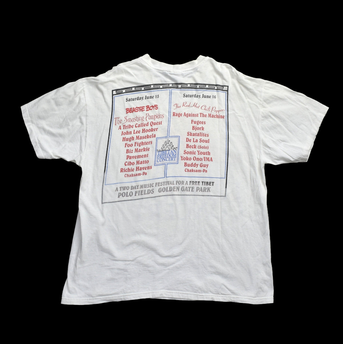 1996 tibetan freedom concert vintage beastie boys + björk + fugees + more iconic 90s benefit concert parking lot bootleg t-shirt