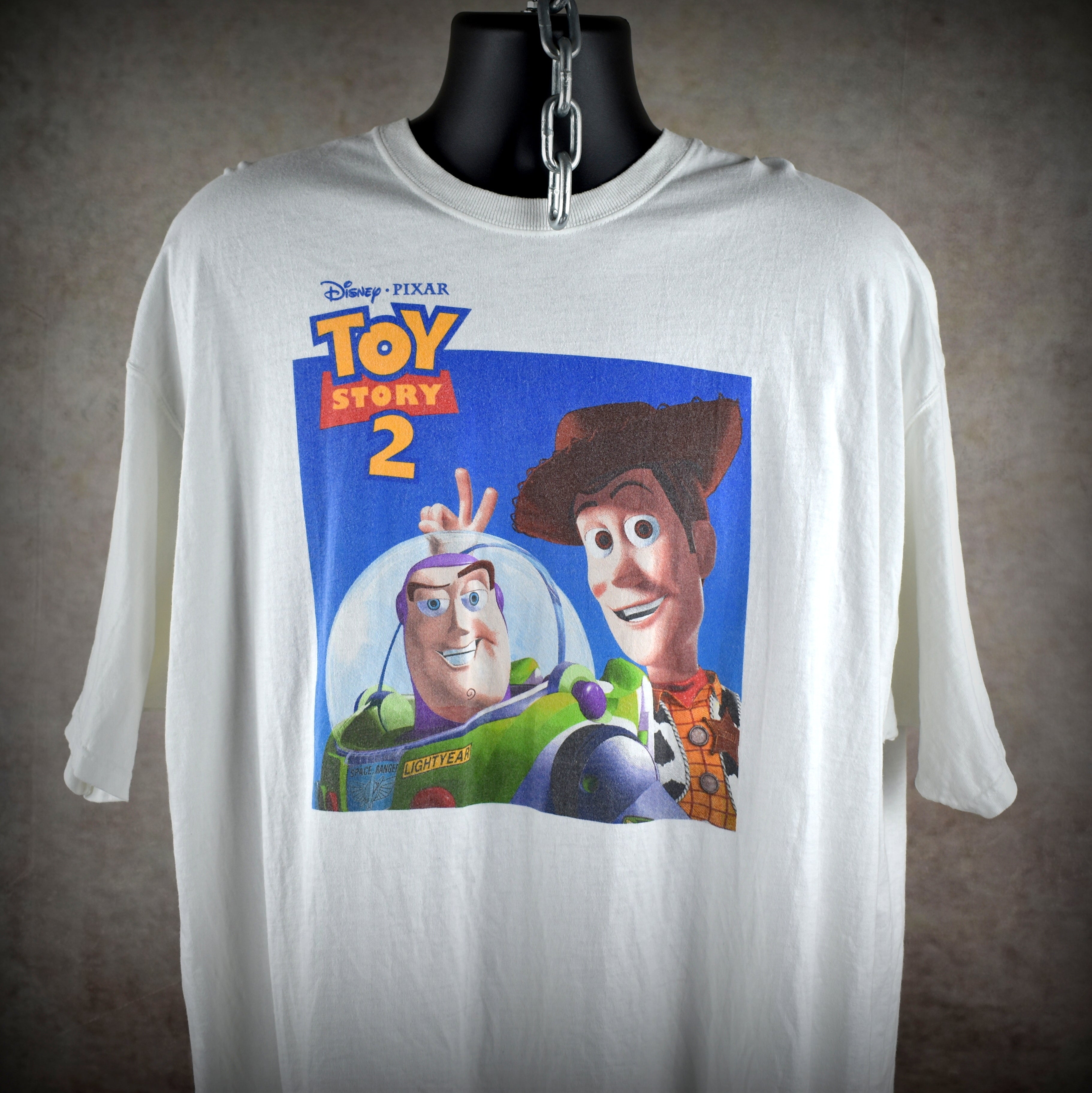 1999 toy story 2 vintage y2k classic buzz lightyear + woody cast and crew movie promo t-shirt