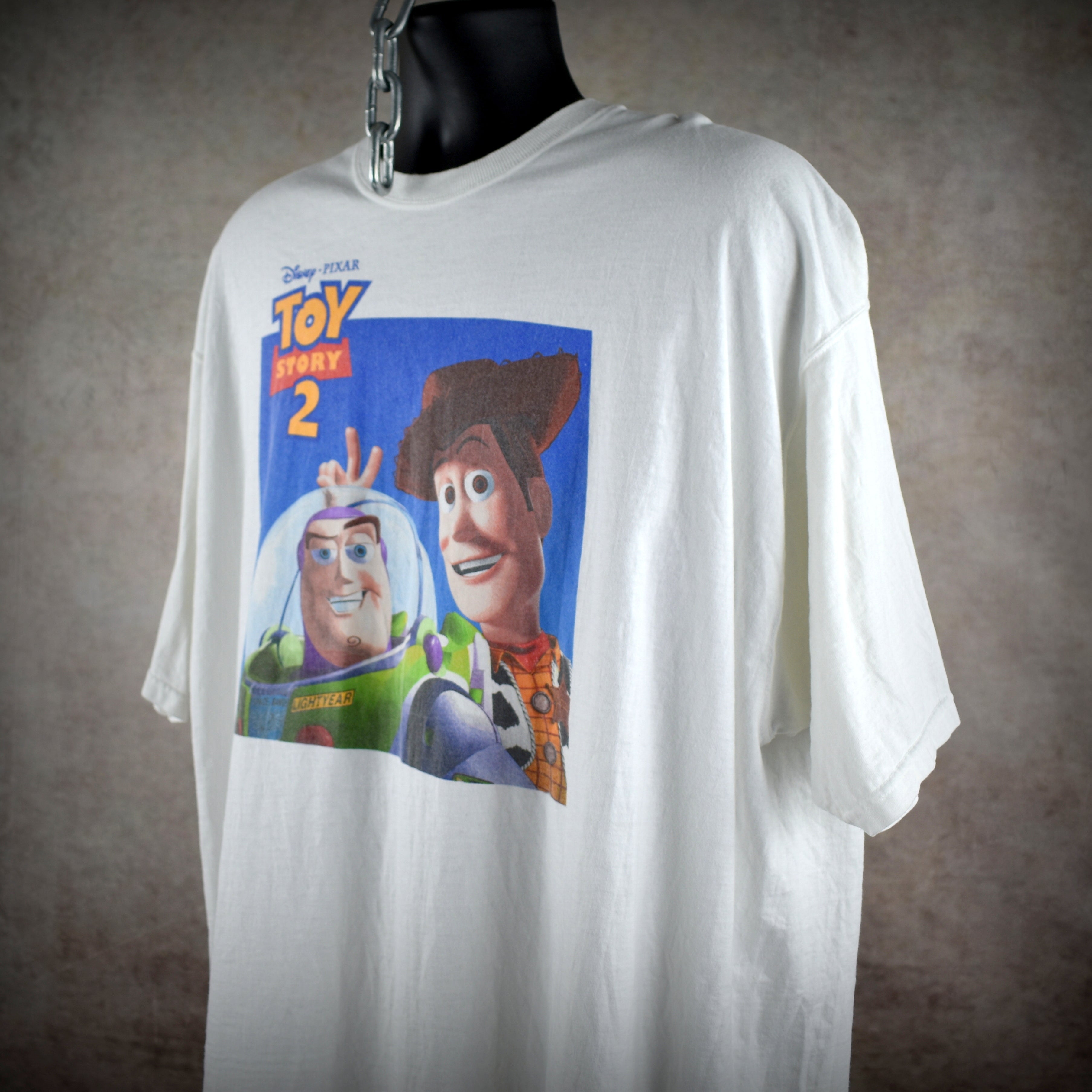 1999 toy story 2 vintage y2k classic buzz lightyear + woody cast and crew movie promo t-shirt