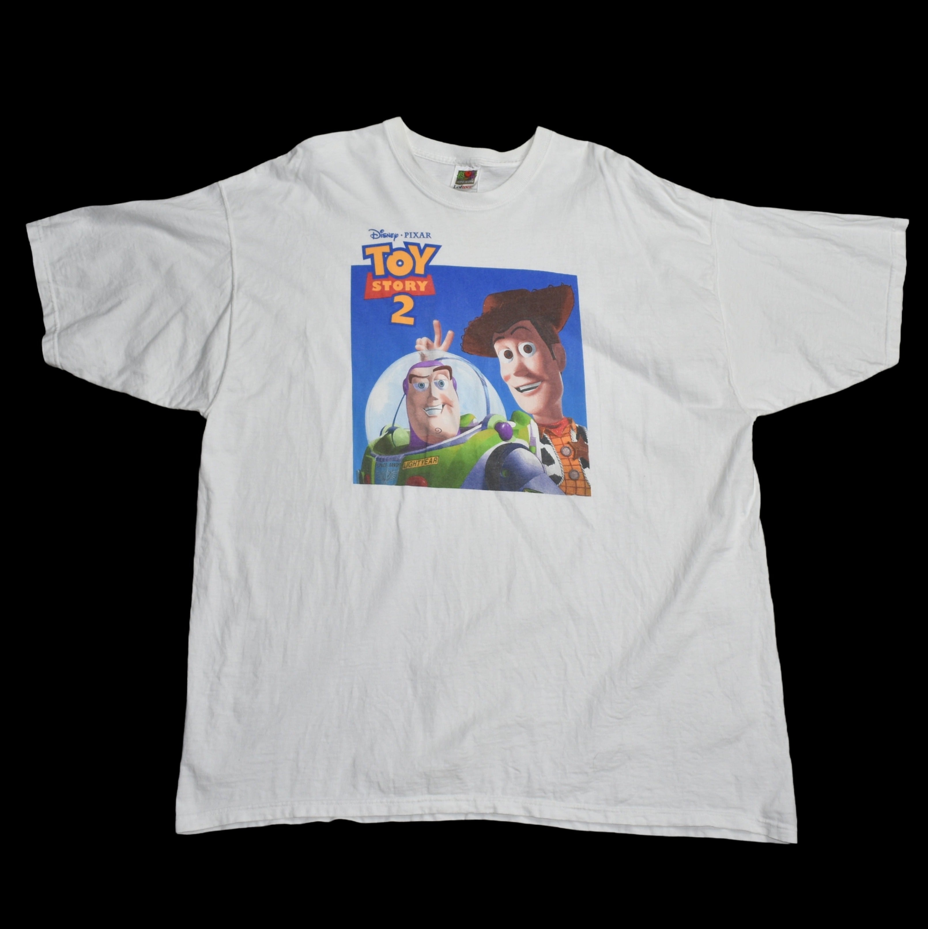 1999 toy story 2 vintage y2k classic buzz lightyear + woody cast and crew movie promo t-shirt